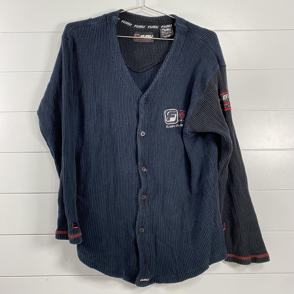 Vintage FUBU Sweater Mens Large Blue Waffle Knit Button‎ Front Logo Y2K 90s